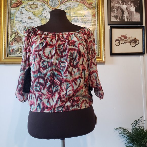 Leaf Print Boho Sheer Bat Wing Shirt - Picture 3 of 7